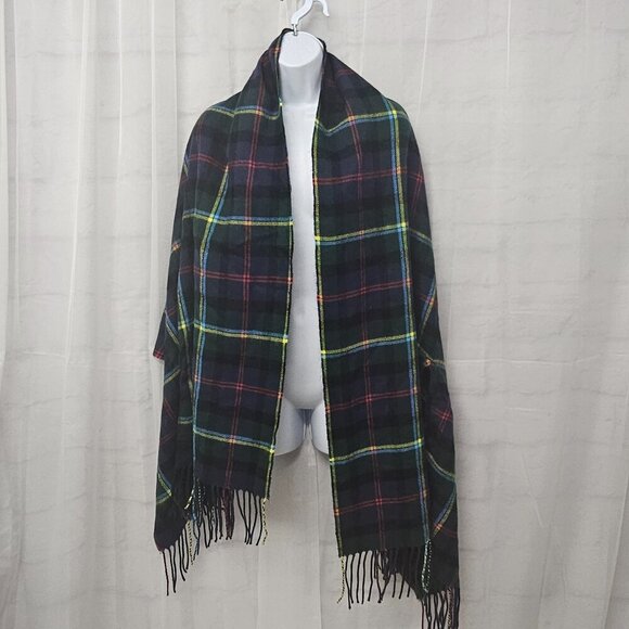 J. Crew Blue Green Plaid Shawl Scarf Fringe Wool OSFA - Picture 9 of 9